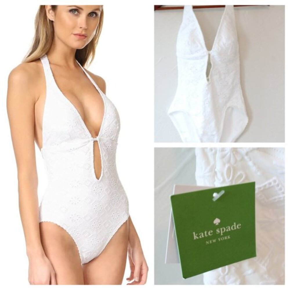 Kate Spade Eyelet Crochet Halter Plunge One Piece Swimsuit White Small NWT